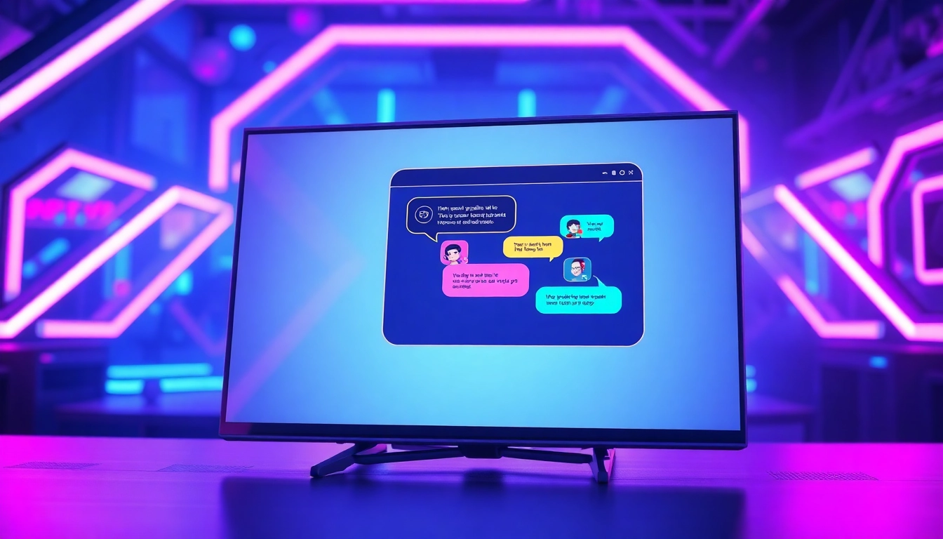 An illustration of a futuristic chatbot interface with vibrant neon colors and a lively conversation scene.