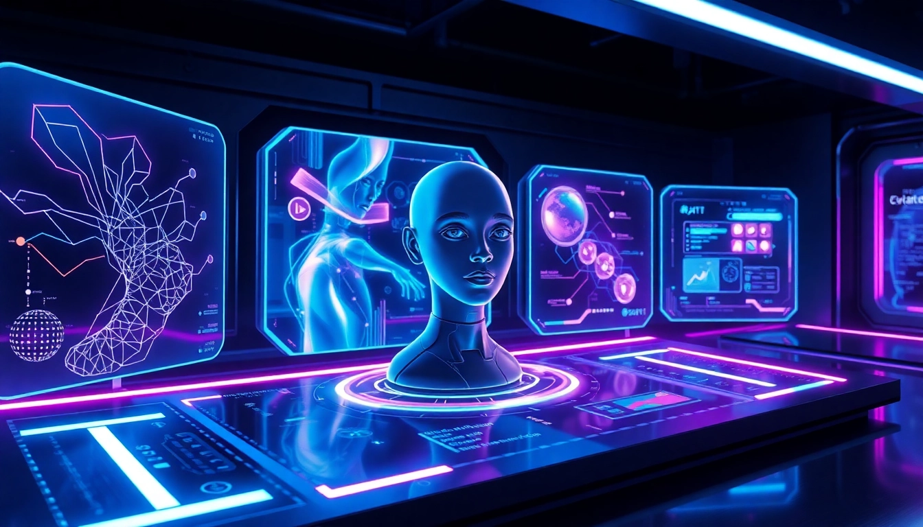 Futuristic AI interface with holographic screens and a virtual character in a digital environment.