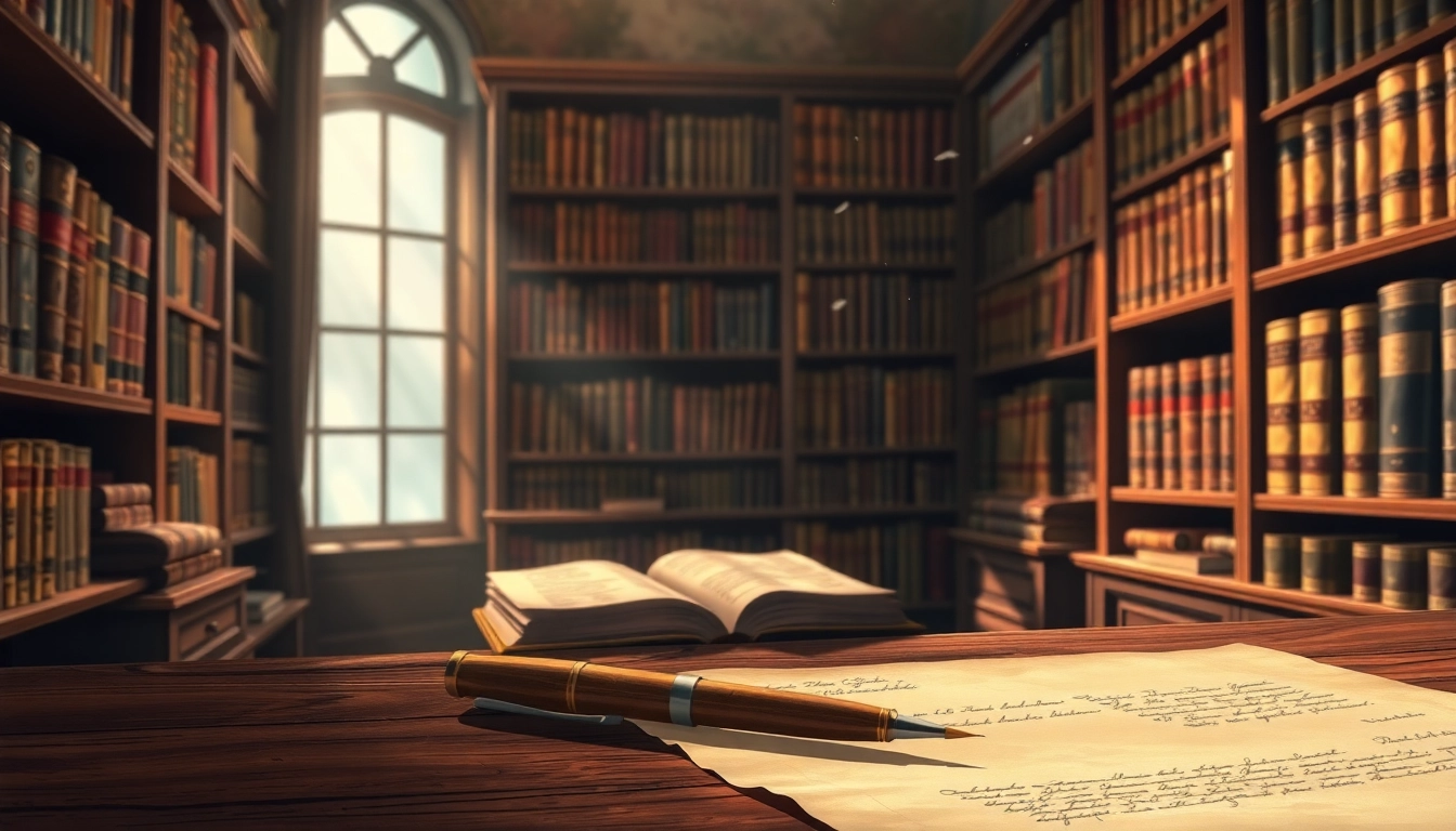 Vintage library scene with old books, quill, and warm lighting