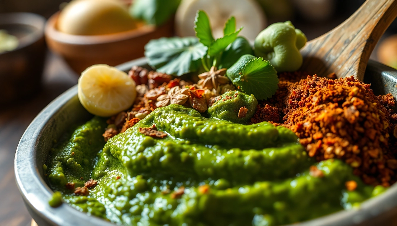 Fresh ingredients prepared to make Green Masala Paste in a rustic kitchen setting for authentic